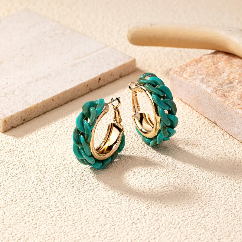 Elegant Simple Cyan Hoop Chain Earrings, Gold Plated Anti-Drop Fashion Earrings for Women